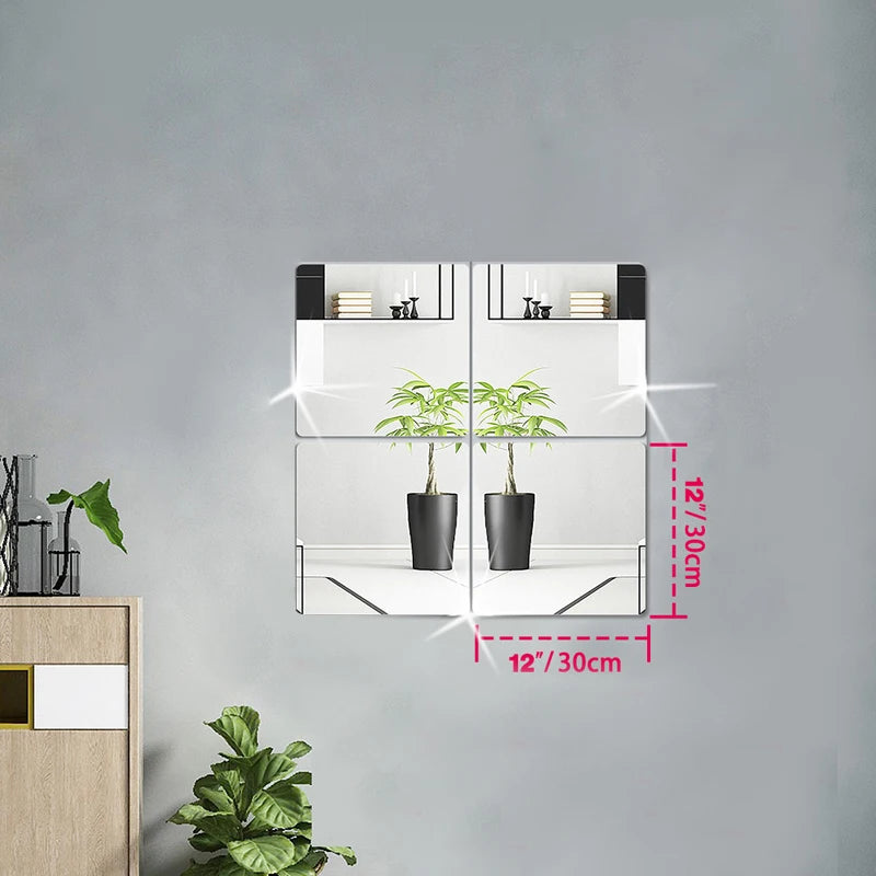 4pcs Self-adhesive 3D Mirror Stickers, 2mm Thickened Flexible DIY Wall Stickers, 20/30cm Mirror Wall Art, Living Room Decoration