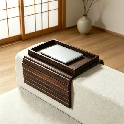 Foldable Bamboo Sofa Armrest Organizer Tray with Cup Holder Remote & Snack Storage