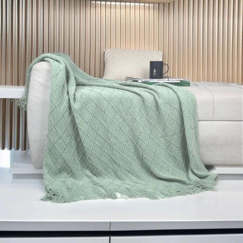 Nordic Geometric Knit Throw Blanket with Fringe Soft Decorative Sofa & Bed Blanket
