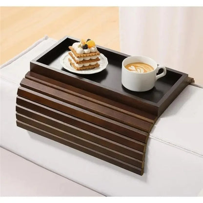 Foldable Bamboo Sofa Armrest Organizer Tray with Cup Holder Remote & Snack Storage