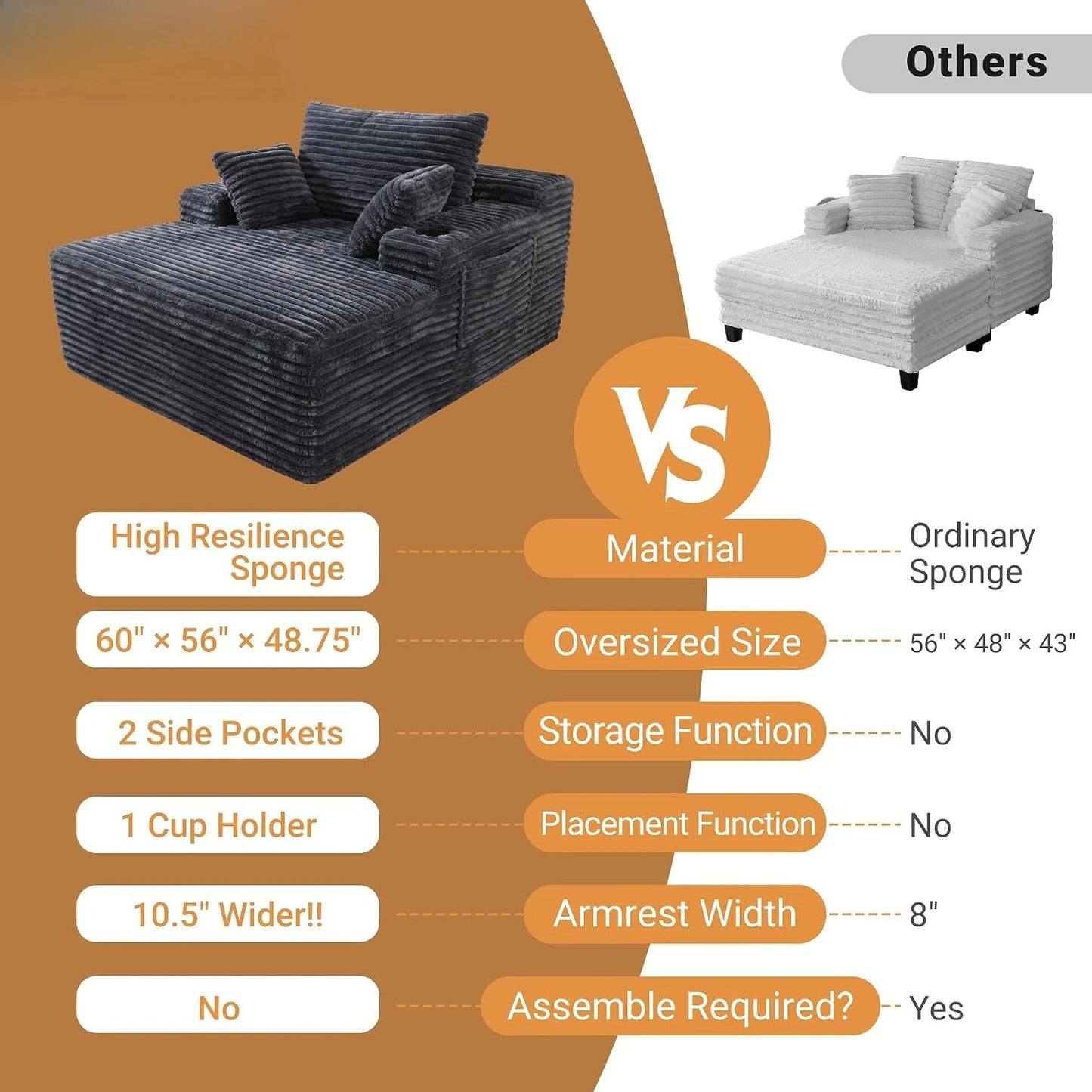 Oversized Corduroy Chaise Lounge Chair | Boneless Sleeper Sofa, Vacuum Compressed for Easy Delivery