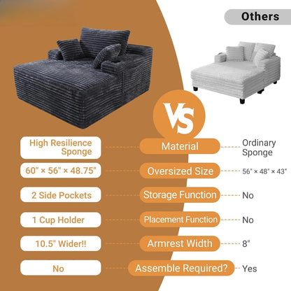 Oversized Corduroy Chaise Lounge Chair | Boneless Sleeper Sofa, Vacuum Compressed for Easy Delivery