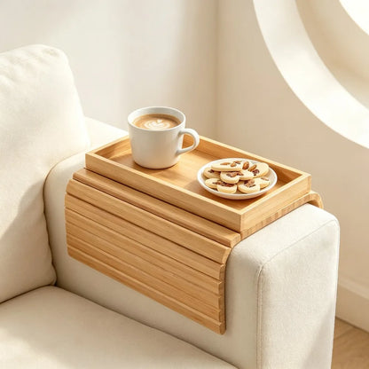 Foldable Bamboo Sofa Armrest Organizer Tray with Cup Holder Remote & Snack Storage