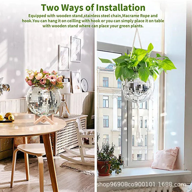 Disco Mirror Ball, Hanging Flower Pot, Hanging Basket, Indoor Ornament, Bohemian-inspired Mirror Ball, Space-saving