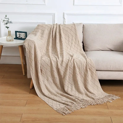 Nordic Geometric Knit Throw Blanket with Fringe Soft Decorative Sofa & Bed Blanket