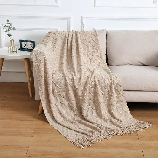 Nordic Geometric Knit Throw Blanket with Fringe Soft Decorative Sofa & Bed Blanket