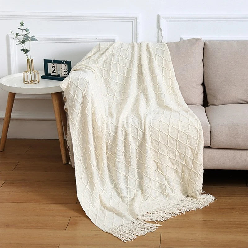 Nordic Geometric Knit Throw Blanket with Fringe Soft Decorative Sofa & Bed Blanket