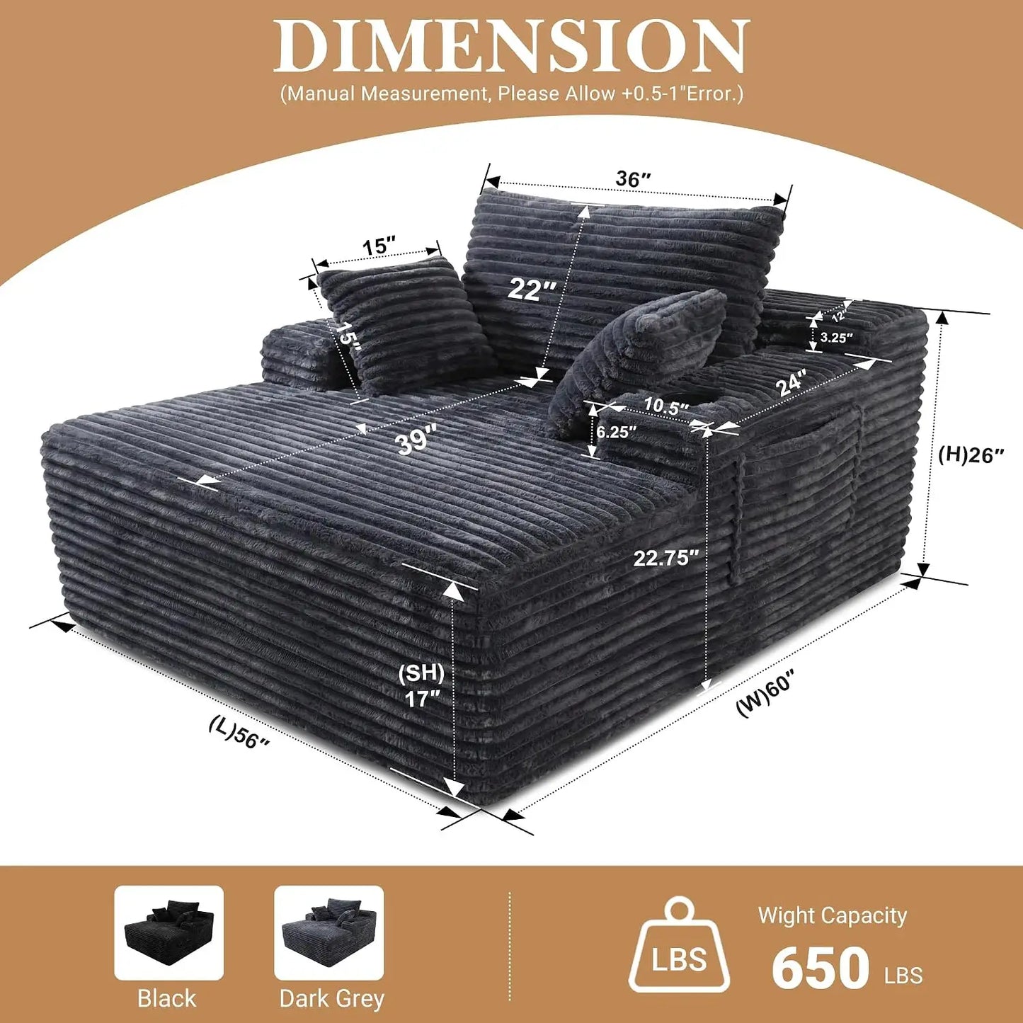 Oversized Corduroy Chaise Lounge Chair | Boneless Sleeper Sofa, Vacuum Compressed for Easy Delivery