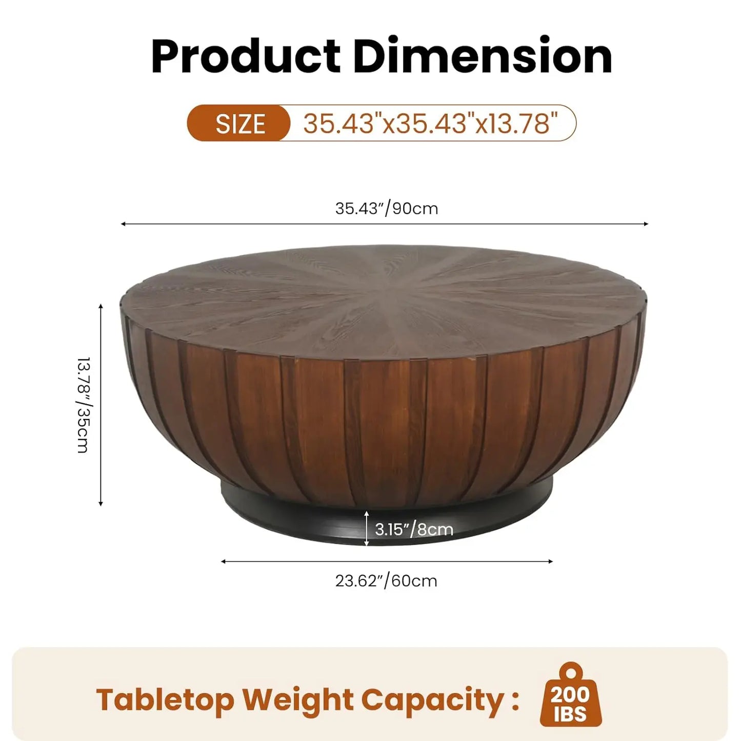 Walnut Round Fluted Drum Coffee Table 35.4-Inch
