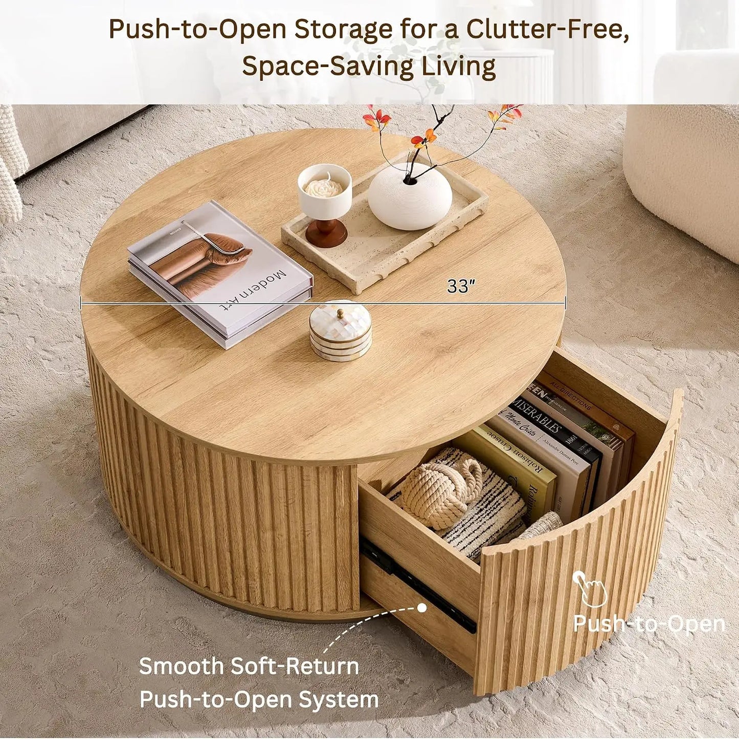 Round Fluted Coffee Table with Hidden Storage Drawer Natural Oak 33-Inch