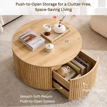 Round Fluted Coffee Table with Hidden Storage Drawer Natural Oak 33-Inch