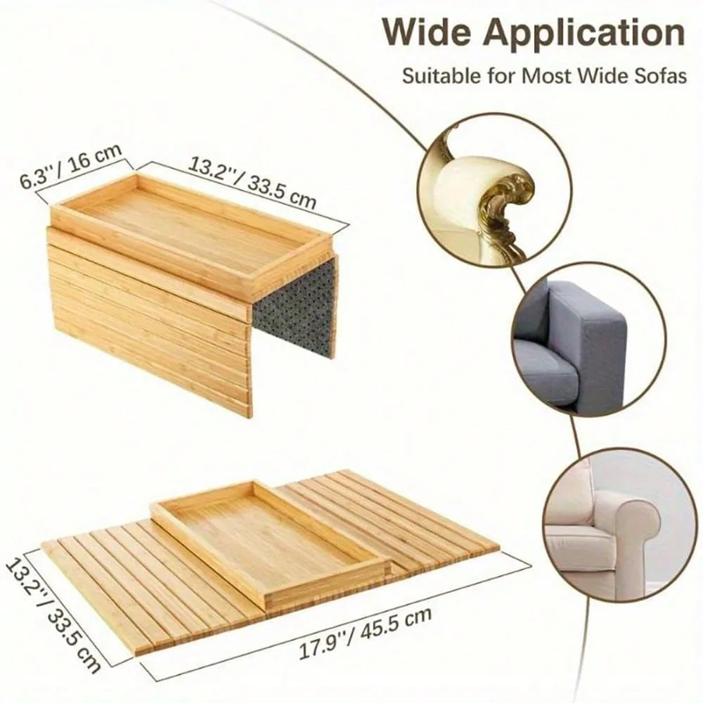 Foldable Bamboo Sofa Armrest Organizer Tray with Cup Holder Remote & Snack Storage