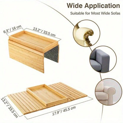 Foldable Bamboo Sofa Armrest Organizer Tray with Cup Holder Remote & Snack Storage