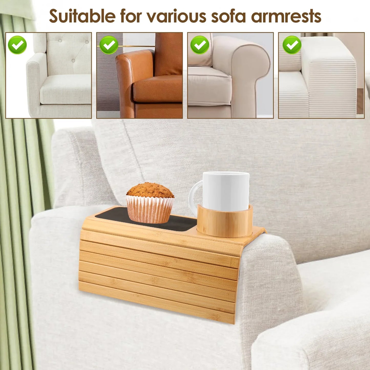3-in-1 Bamboo Sofa Armrest Tray with Rotating Cup Holder