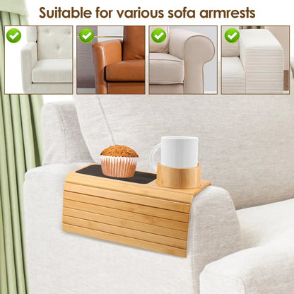 3-in-1 Bamboo Sofa Armrest Tray with Rotating Cup Holder