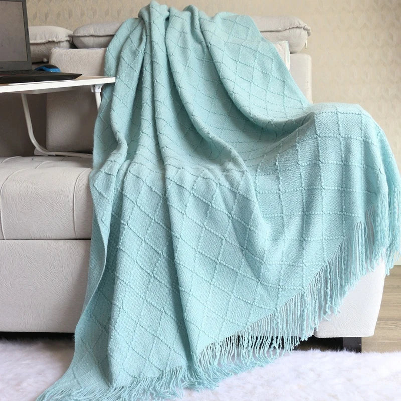 Nordic Geometric Knit Throw Blanket with Fringe Soft Decorative Sofa & Bed Blanket