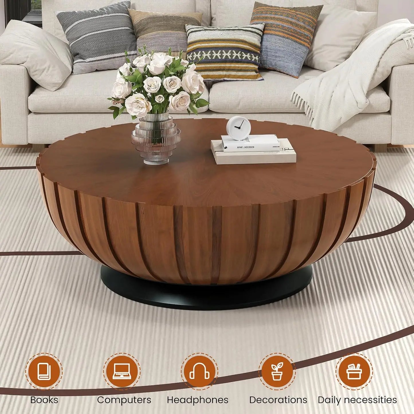 Walnut Round Fluted Drum Coffee Table 35.4-Inch