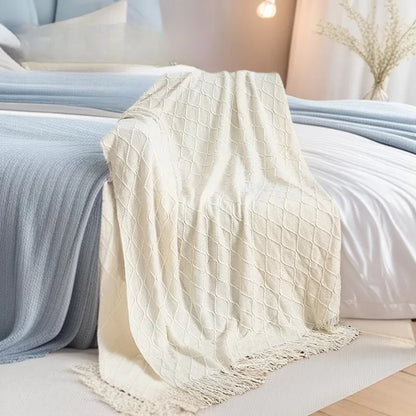 Nordic Geometric Knit Throw Blanket with Fringe Soft Decorative Sofa & Bed Blanket
