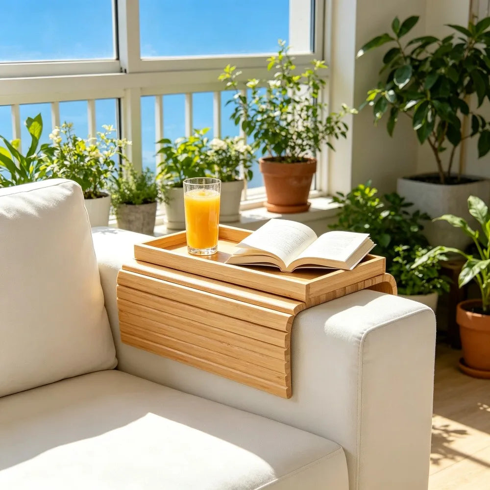 Foldable Bamboo Sofa Armrest Organizer Tray with Cup Holder Remote & Snack Storage
