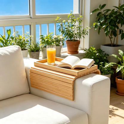 Foldable Bamboo Sofa Armrest Organizer Tray with Cup Holder Remote & Snack Storage