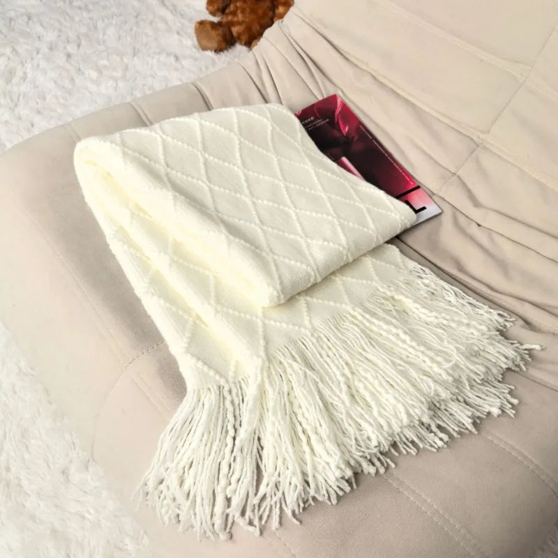 Nordic Geometric Knit Throw Blanket with Fringe Soft Decorative Sofa & Bed Blanket
