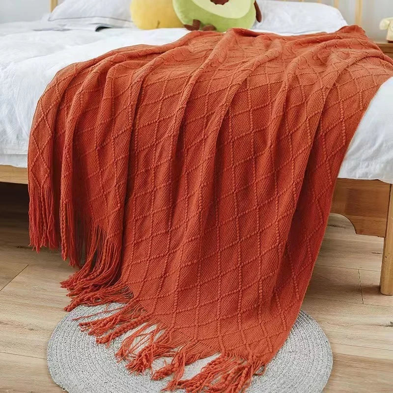 Nordic Geometric Knit Throw Blanket with Fringe Soft Decorative Sofa & Bed Blanket