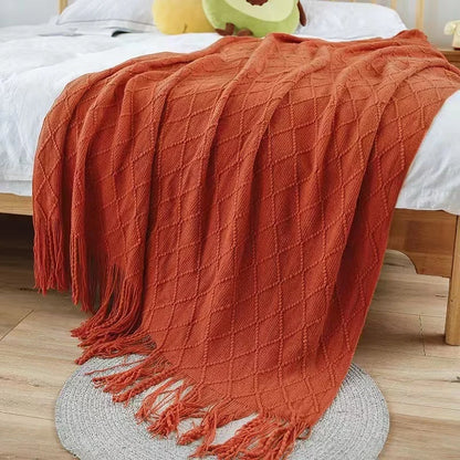 Nordic Geometric Knit Throw Blanket with Fringe Soft Decorative Sofa & Bed Blanket