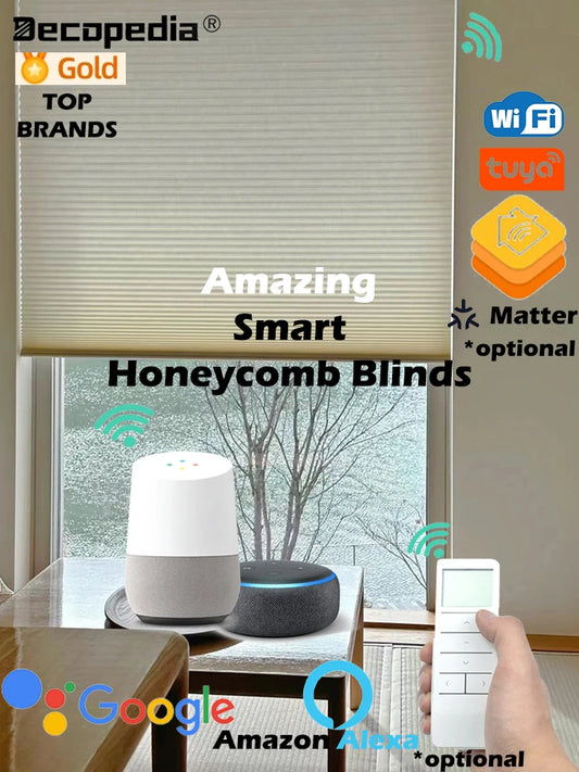Decopedia Smart Motorized Honeycomb Blinds Cordless Blackout Cellular Shades for Windows Google Alexa Compatible