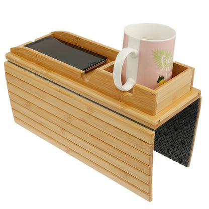 3-in-1 Bamboo Sofa Armrest Tray with Rotating Cup Holder