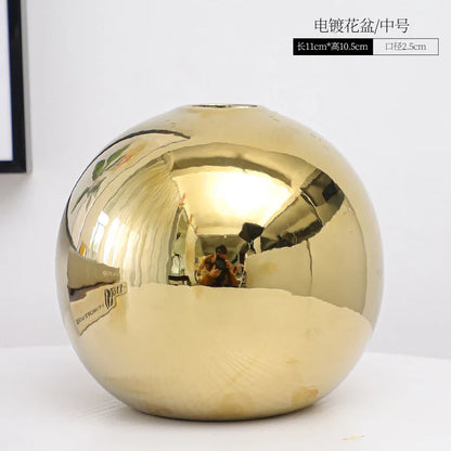 Ceramic Vase Gold-plated Ball Flower Arrangement Desktop Hydroponics Container Living Room Office Bookcase Vase Gold Vase