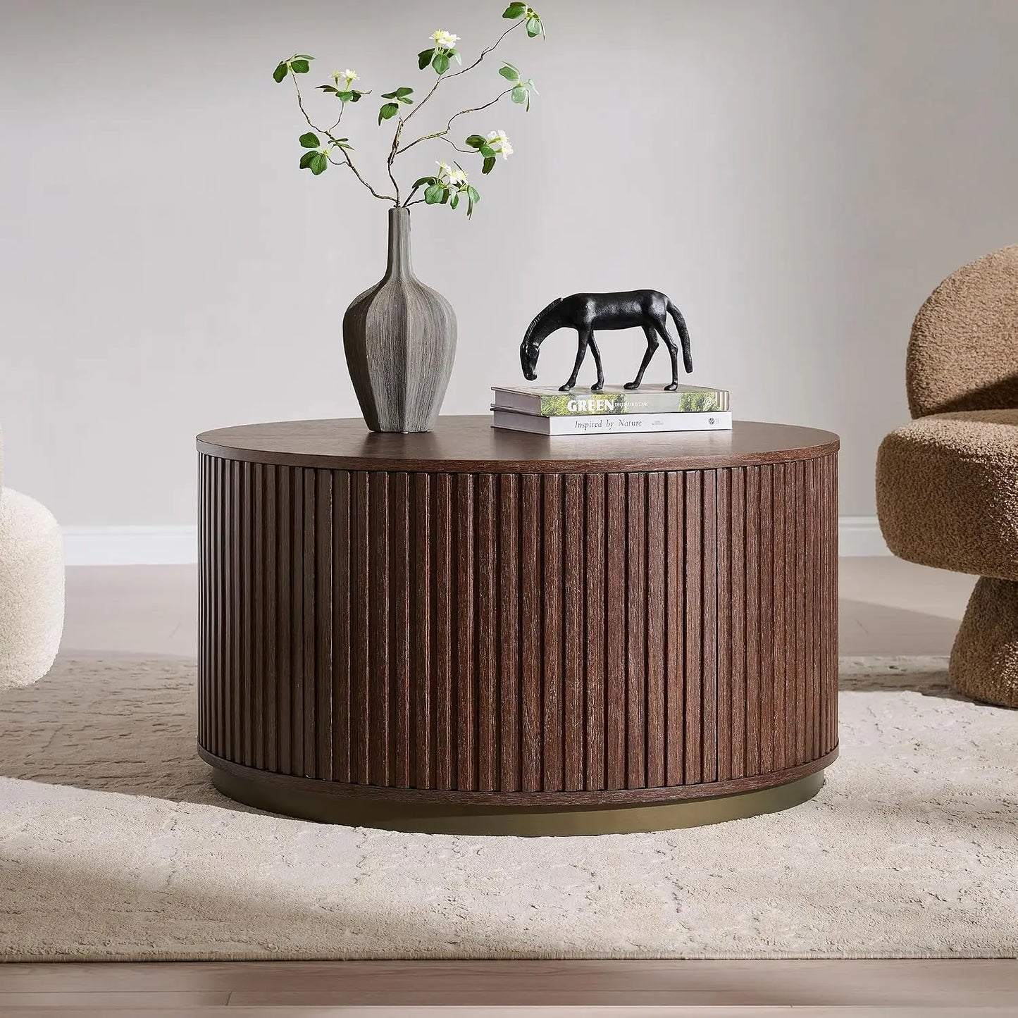 Round Fluted Coffee Table with Hidden Storage Drawer Natural Oak 33-Inch