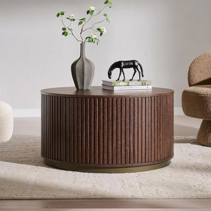 Round Fluted Coffee Table with Hidden Storage Drawer Natural Oak 33-Inch