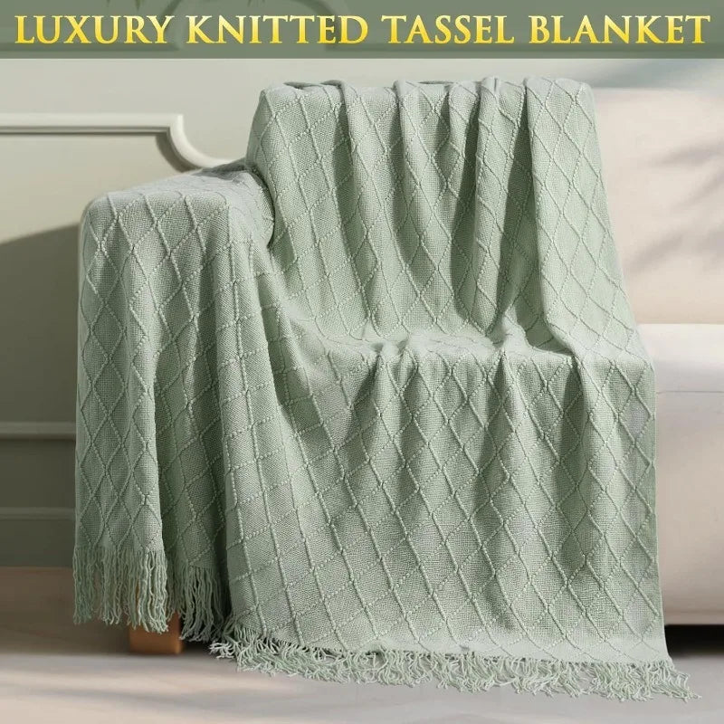 Nordic Geometric Knit Throw Blanket with Fringe Soft Decorative Sofa & Bed Blanket