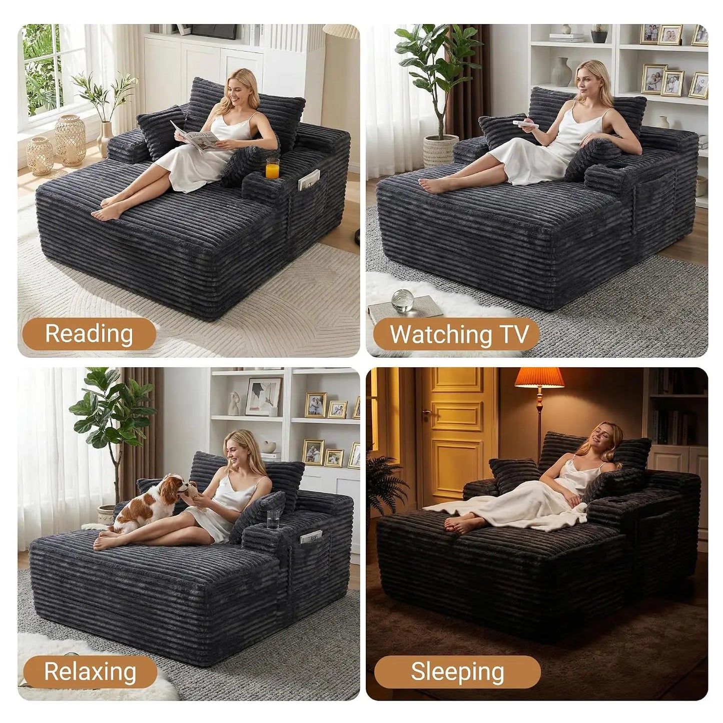 Oversized Corduroy Chaise Lounge Chair | Boneless Sleeper Sofa, Vacuum Compressed for Easy Delivery