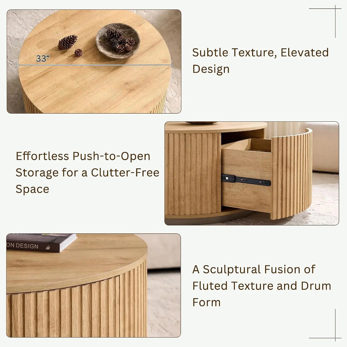 Round Fluted Coffee Table with Hidden Storage Drawer Natural Oak 33-Inch