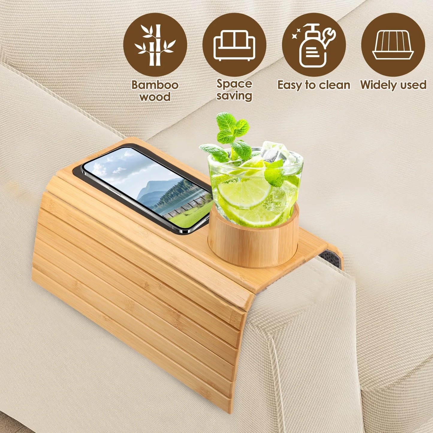 3-in-1 Bamboo Sofa Armrest Tray with Rotating Cup Holder