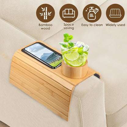 3-in-1 Bamboo Sofa Armrest Tray with Rotating Cup Holder