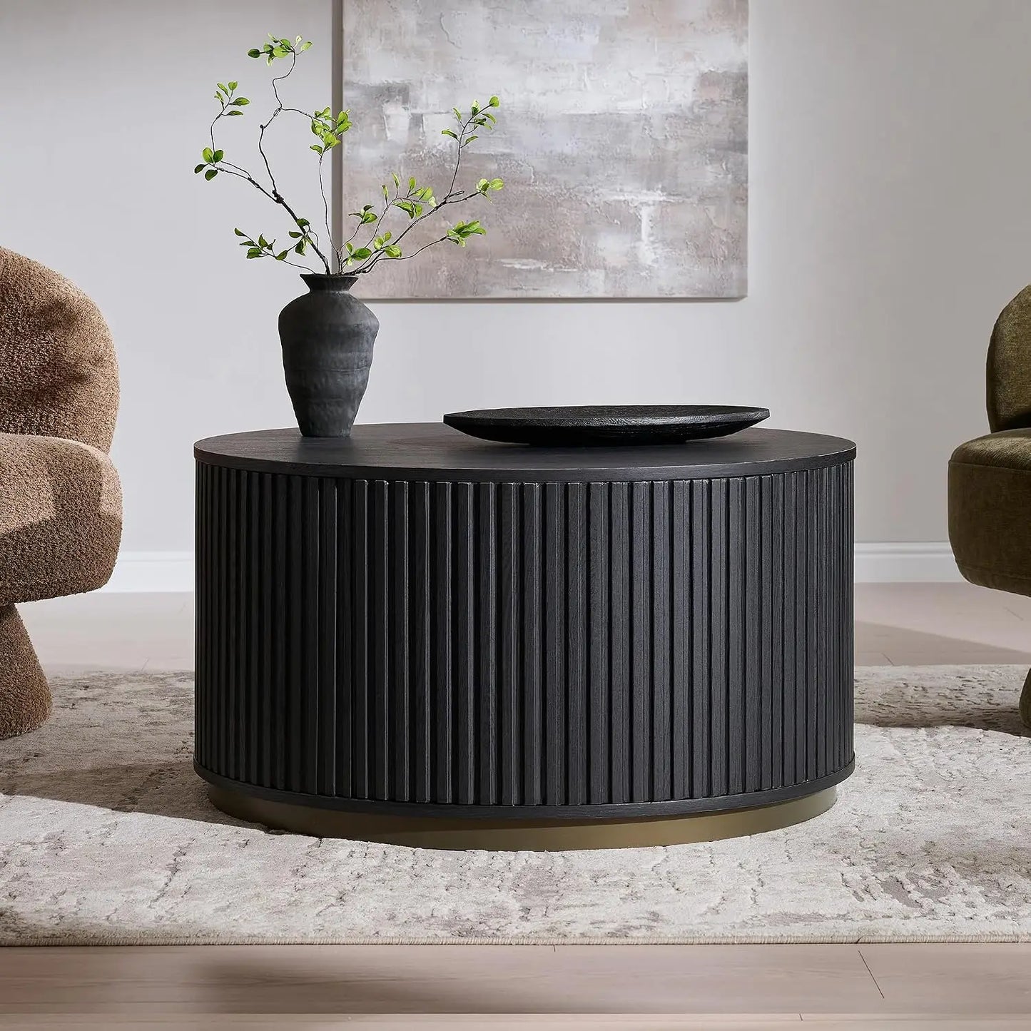 Round Fluted Coffee Table with Hidden Storage Drawer Natural Oak 33-Inch