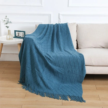 Nordic Geometric Knit Throw Blanket with Fringe Soft Decorative Sofa & Bed Blanket