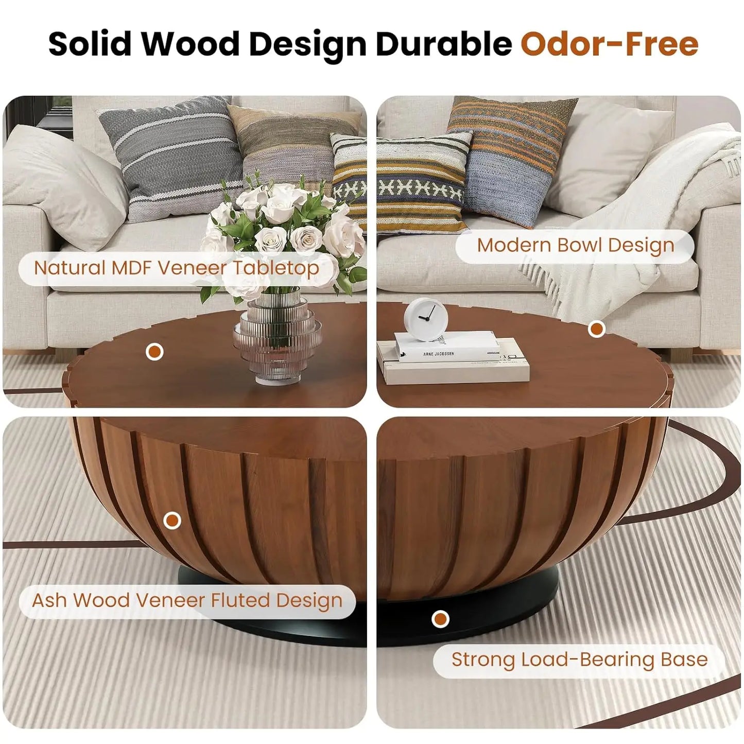 Walnut Round Fluted Drum Coffee Table 35.4-Inch
