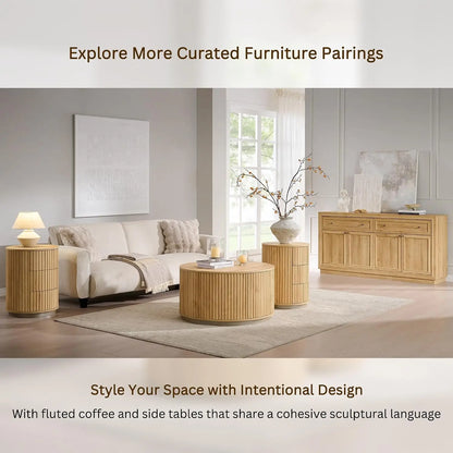 Round Fluted Coffee Table with Hidden Storage Drawer Natural Oak 33-Inch