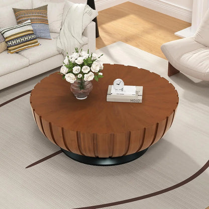 Walnut Round Fluted Drum Coffee Table 35.4-Inch