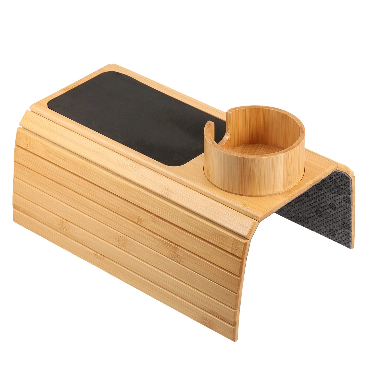 3-in-1 Bamboo Sofa Armrest Tray with Rotating Cup Holder