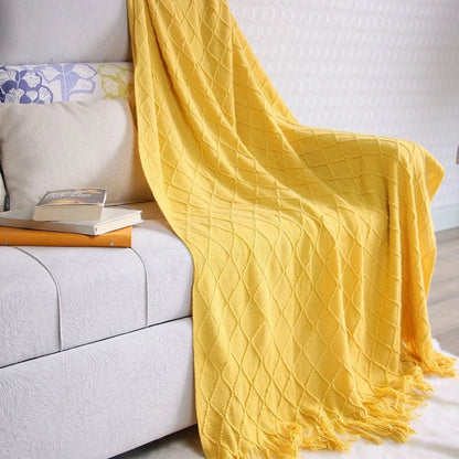 Nordic Geometric Knit Throw Blanket with Fringe Soft Decorative Sofa & Bed Blanket