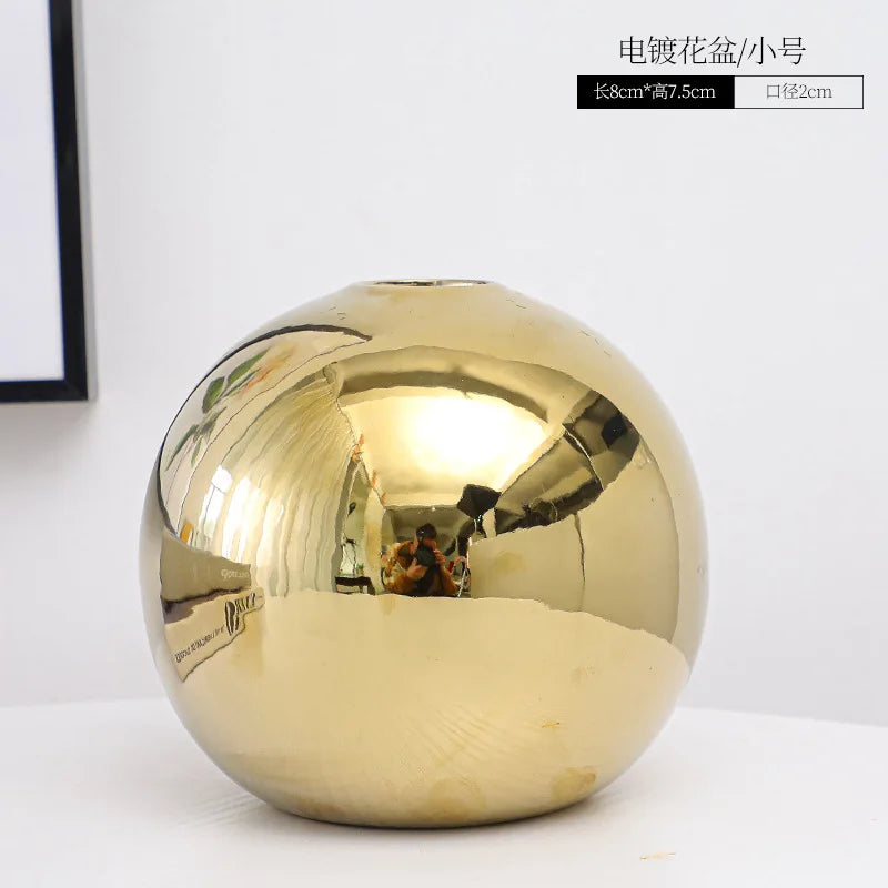 Ceramic Vase Gold-plated Ball Flower Arrangement Desktop Hydroponics Container Living Room Office Bookcase Vase Gold Vase