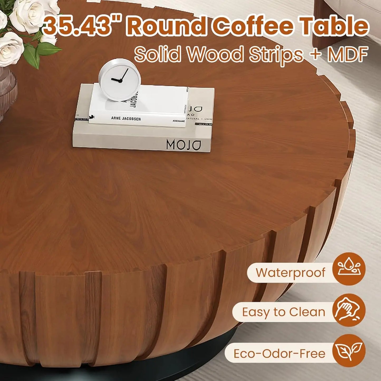 Walnut Round Fluted Drum Coffee Table 35.4-Inch