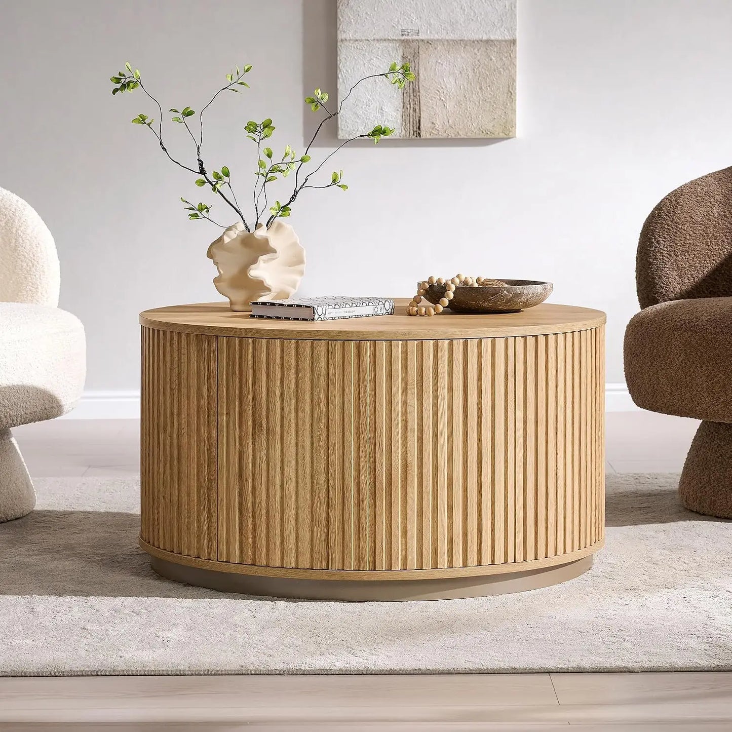 Round Fluted Coffee Table with Hidden Storage Drawer Natural Oak 33-Inch