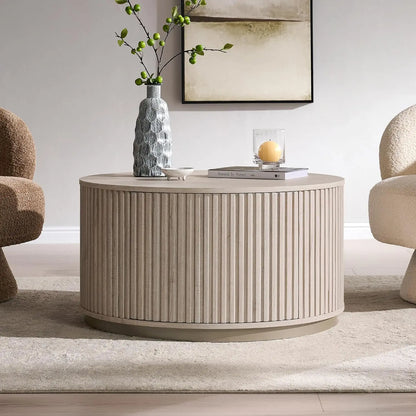Round Fluted Coffee Table with Hidden Storage Drawer Natural Oak 33-Inch