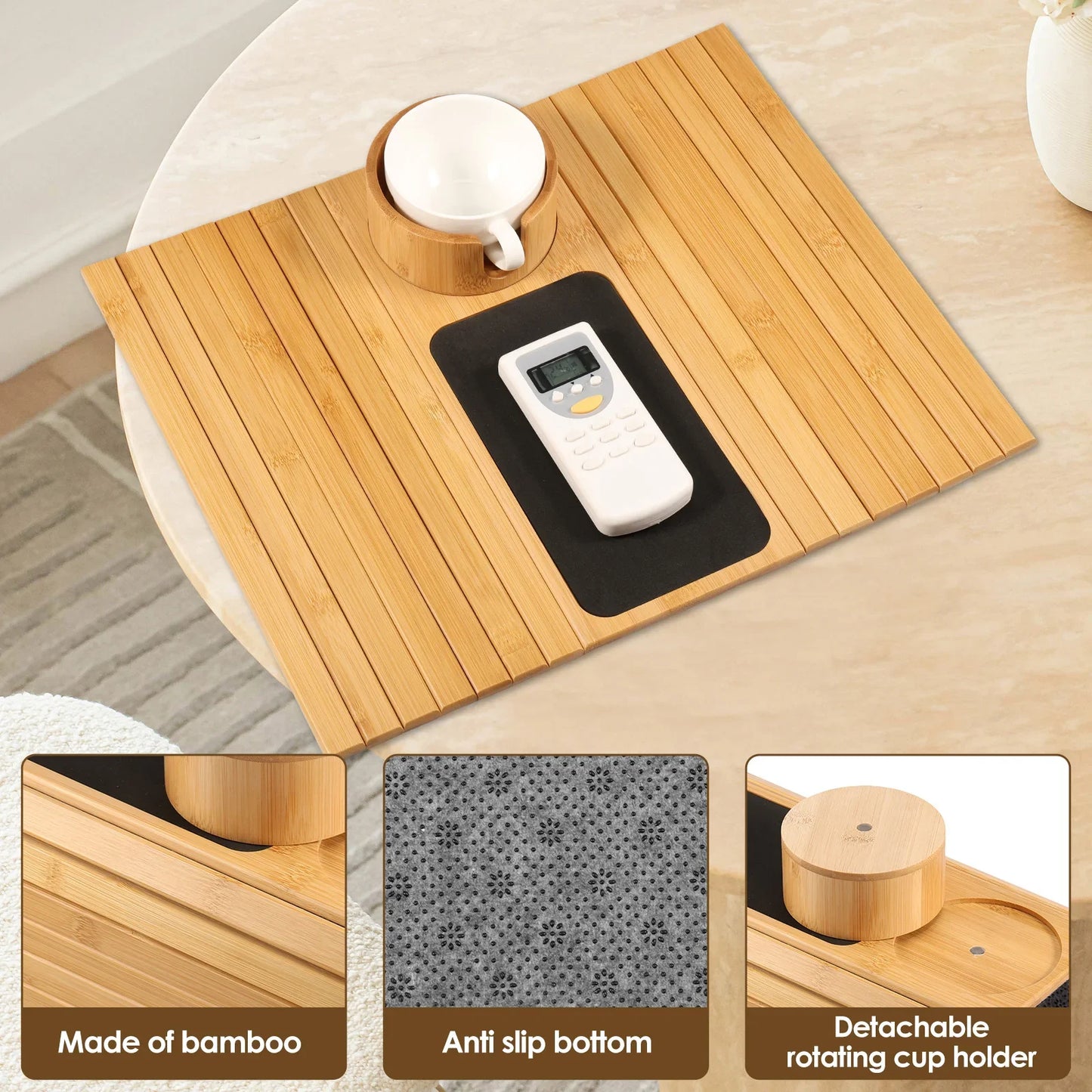3-in-1 Bamboo Sofa Armrest Tray with Rotating Cup Holder