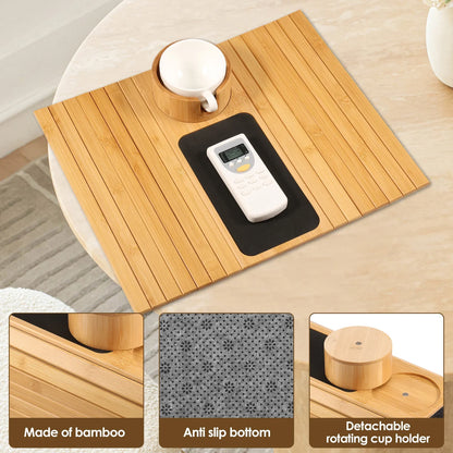 3-in-1 Bamboo Sofa Armrest Tray with Rotating Cup Holder